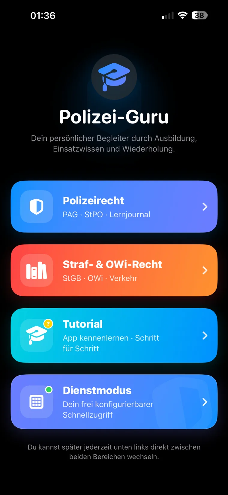 Startseite von Polizei-Guru im Dark Mode