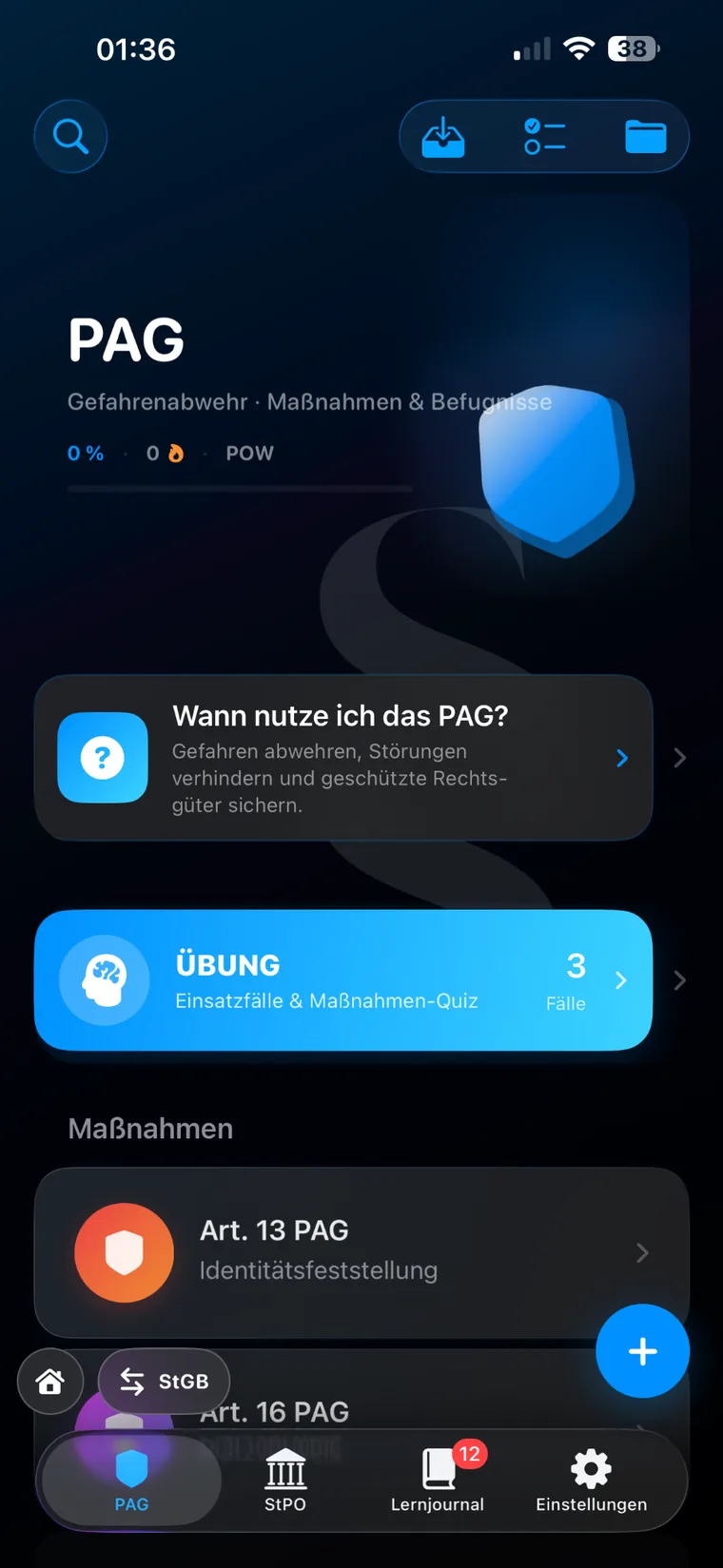 PAG-Bereich von Polizei-Guru im Dark Mode